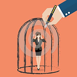 Business woman standing in a hand drawn cage