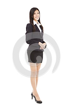 Business woman standing with isolated on white back