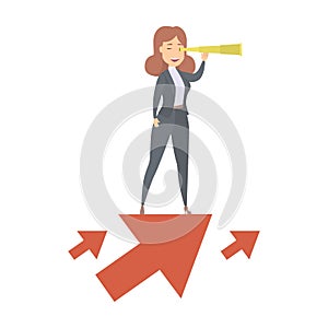 Business woman standing on the rising arrow