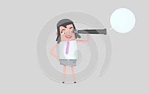 Business woman standing and watching in a spyglass. 3d illustration photo