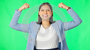 Business woman, strong muscles and green screen with smile on face for success, celebration and motivation