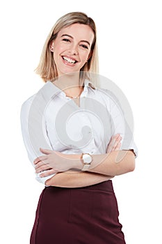 Business woman, success and CEO portrait, smile for leadership and executive empowerment isolated on white background