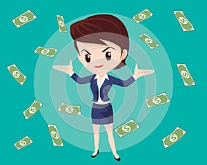 business woman successful with falling money