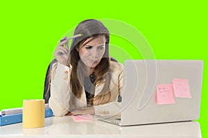 Business woman suffering stress at office computer isolated green chroma key