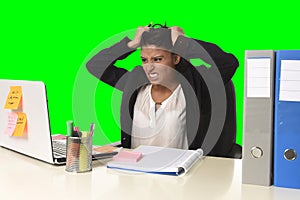 Business woman suffering stress working at office isolated green chroma key background