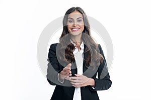 Business woman in suit smiling friendly offering handshake as greeting and welcoming. Successful business. Businesswoman