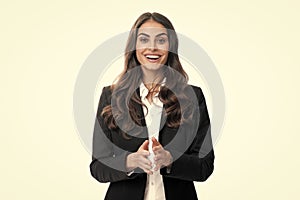Business woman in suit smiling friendly offering handshake as greeting and welcoming. Successful business. Businesswoman