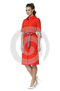 Business woman in summer red dress and stiletto high heels shoes full body photo