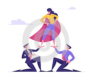 Business Woman in Super Hero Cloak Stand on Top of Pyramid with Arms Akimbo. Business Men Holding Successful Colleague
