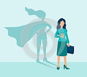 Business Woman with a Super Hero Shadow. Leadership motivation concept. Vector illustration