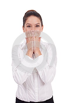 Business woman, surprise and cover mouth in studio for gossip, news of sale and announcement or information. Portrait of