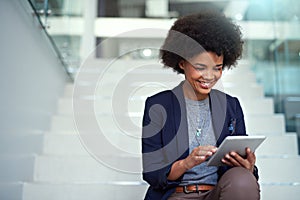 Business, woman and tablet on steps in outdoor for research and information for project of creative startup company