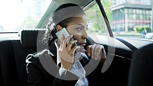 Business woman taking on phone in car, stressful life of lady boss, career