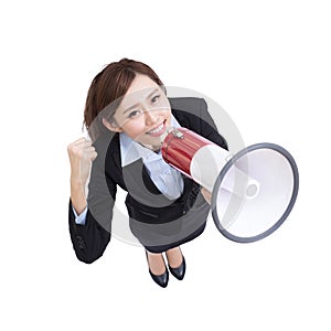 Business woman talking in megaphone