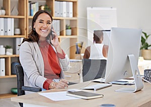 Business woman talking on phone call, happy communication and conversation in startup agency. Smile, vision and creative