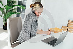 Business woman talking on the phone in the office at the computer