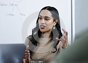 Business woman, talking and presentation at conference, training or designer planning in creative startup office. Speech