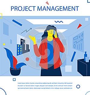 Business woman talks on the phone. Project management process. Creative people in work progress. Vector