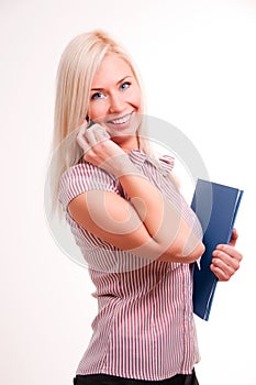 Business woman with telephone isolated on white