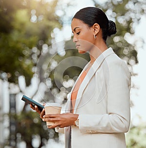 Business woman texting on phone, booking and ordering city taxi, lift or ride in morning commute to work. Serious and