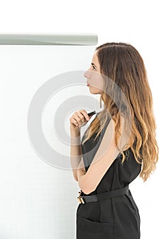 Business woman thinking in front of the white board