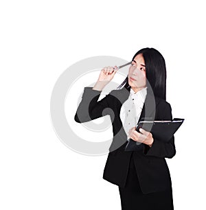 business woman thinking and holding a clipboard isolated on a white background