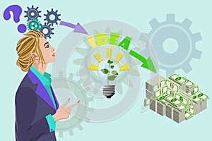 Business woman thinking about money idea vector illustration. Business money concept with gears and gears above her head, arrow photo