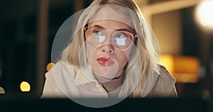 Business woman, thinking and office at night for solution, report deadline or glasses reflection. Professional, late and