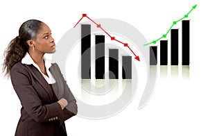 Business woman thinking with rise and fall graphs