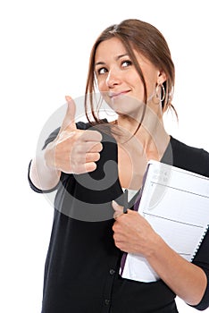 Business woman thumb up, holding notebook