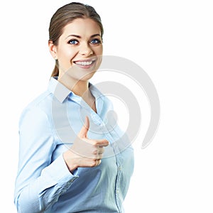 Business woman thumb up show white background isolated portrait