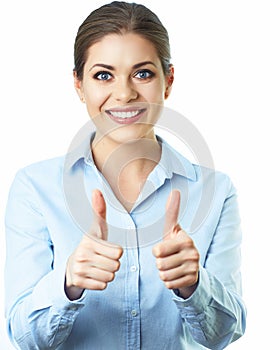 Business woman thumb up show white background isolated portrait