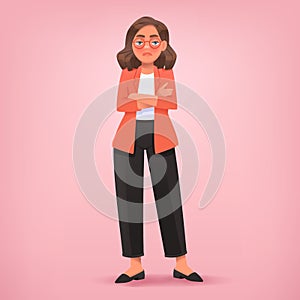 Business woman is tired or sad. Resentment, bad mood or stress. Vector illustration