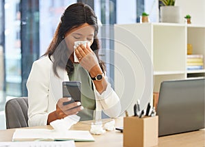 Business woman, tissue and allergy while using phone and blowing nose while sick with covid or flu virus at corporate