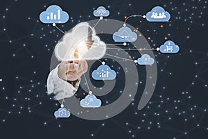 Business woman touching connect to data information on the cloud icon computing network., Backup Storage Data Internet, networking