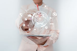 Business Woman Touching Digital Data On Holographic Screen Interface.