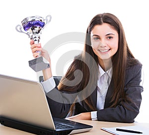 Business woman with trophy