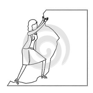 Business woman trying to climb to the top of stone monochrome silhouette dotted