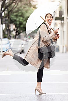 Business woman, umbrella and portrait in street for cover from rain, winter or happy for commute on city sidewalk