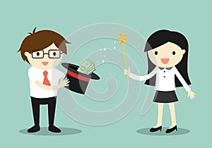 Business woman use her magical powers make money from the hat. Vector illustration.