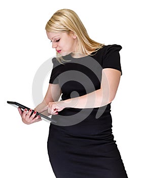 Business woman using digital tablet computer isolated on white.