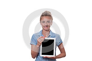 Business woman using digital tablet computer on white background.