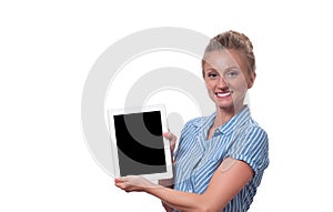 Business woman using digital tablet computer on white background.