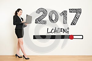 Business woman using laptop computer loading now 2017