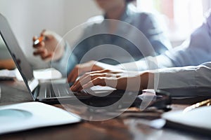 business woman using laptop hand typing on keyboard for meeting team in office. finance and accounting concept