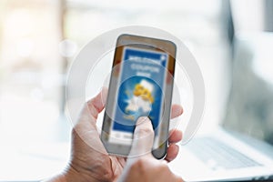 Business woman using smart phone with social network service or SNS, Social media concept. Woman using laptop computer and staying