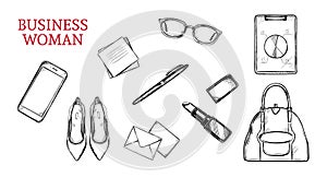 Business woman vector hand drawn concept. Workplace, flat lay background