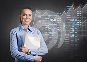 Business woman with virtual graphic in background