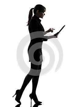 Business woman walking computer computing typing digital table