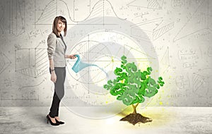 Business woman watering a growing green dollar sign tree